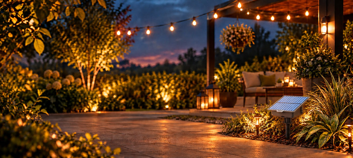 RainPoint solar-powered garden irrigation system in a landscaped backyard with outdoor lighting