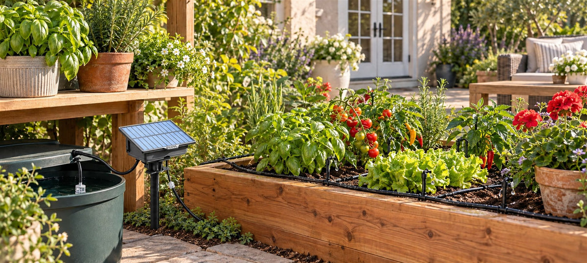 Solar drip irrigation system automatically watering a raised vegetable garden with a water reservoir and solar panel