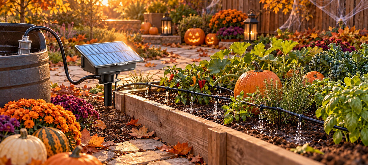 RainPoint solar drip irrigation system watering plants in a raised bed garden during fall