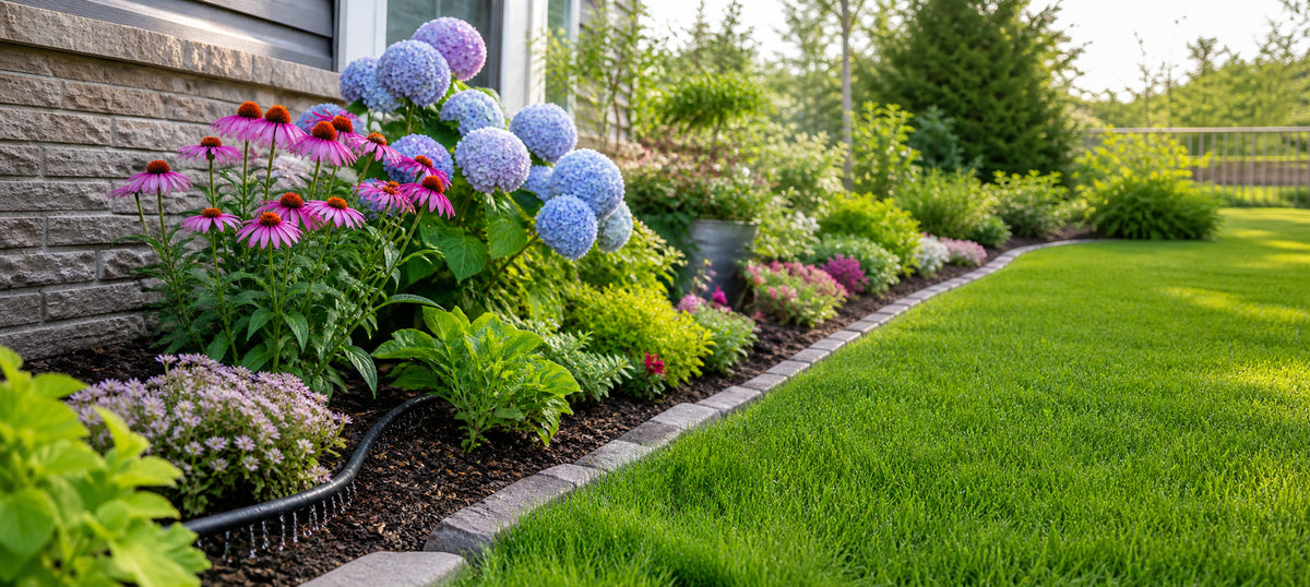 Flower garden landscape with smart watering solution for healthy blooms