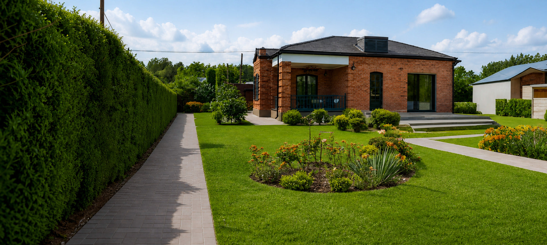 Backyard garden yard with efficient landscape watering solution
