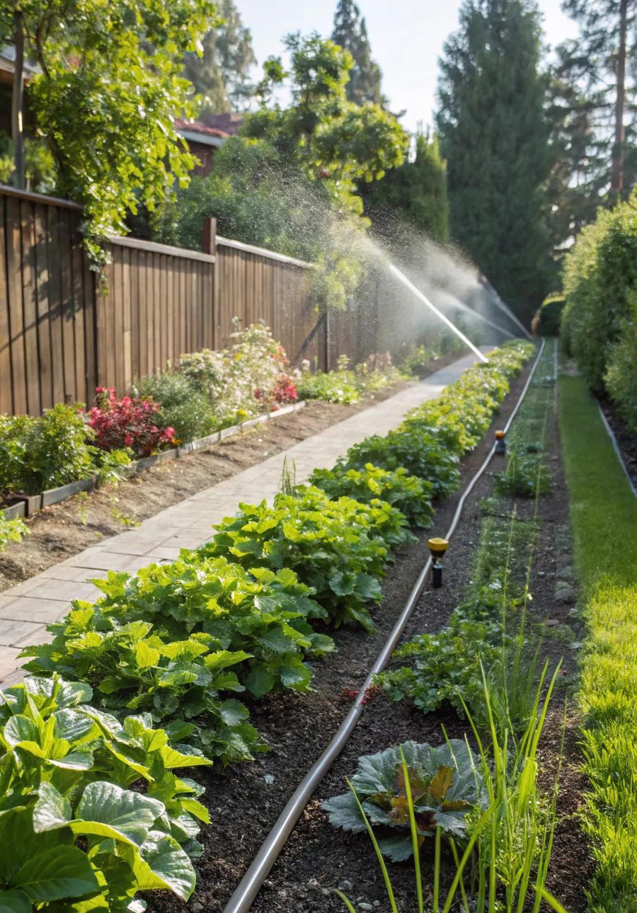 Long garden irrigation layout with automated watering system