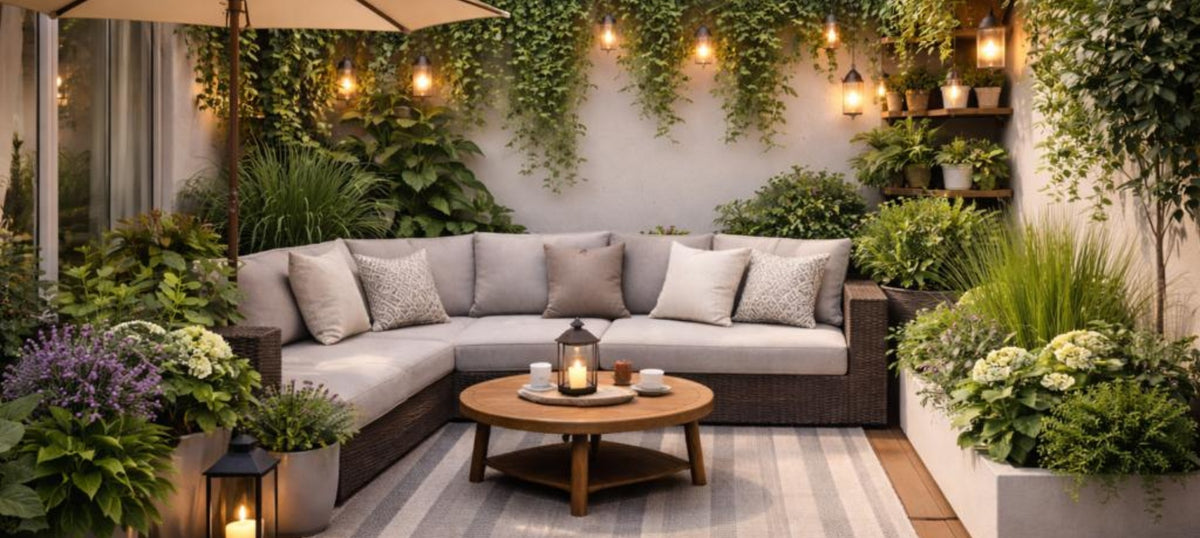 Patio container plants with automatic watering system for convenient care