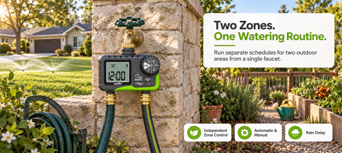 RainPoint 2 zone water timer automatically controls separate garden watering schedules for lawn and vegetable garden