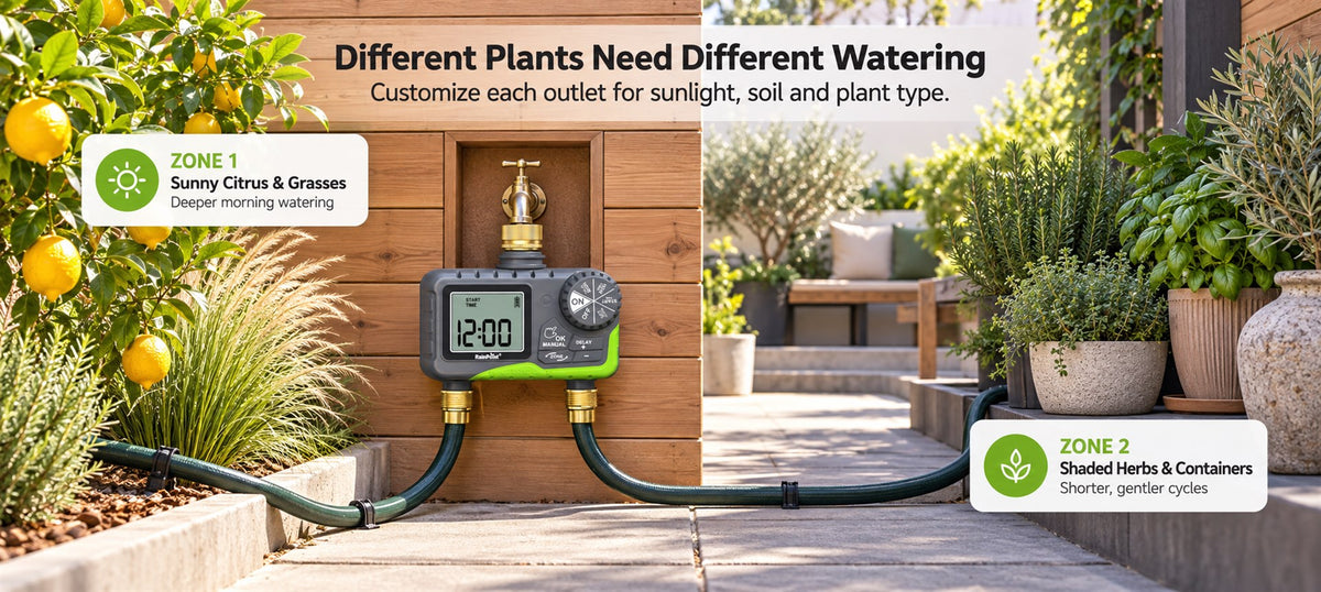 RainPoint 2 zone water timer providing customized watering schedules for different plants and garden areas