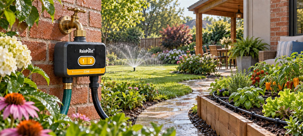 RainPoint 2 zone water timer controlling lawn sprinklers and garden irrigation in a residential yard