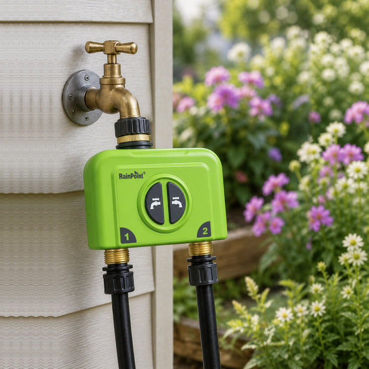 RainPoint 2-zone water timer installed on an outdoor faucet for automatic garden watering
