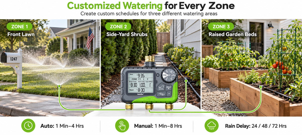 RainPoint 3 zone sprinkler timer helping manage multiple garden watering areas