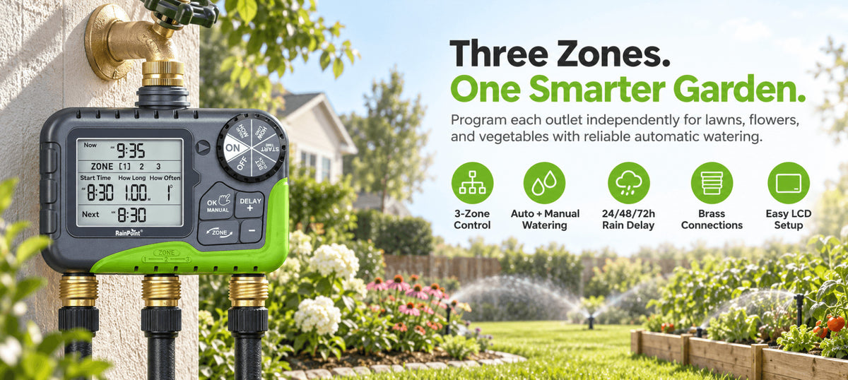 RainPoint 3 zone water timer with programmable irrigation controller features
