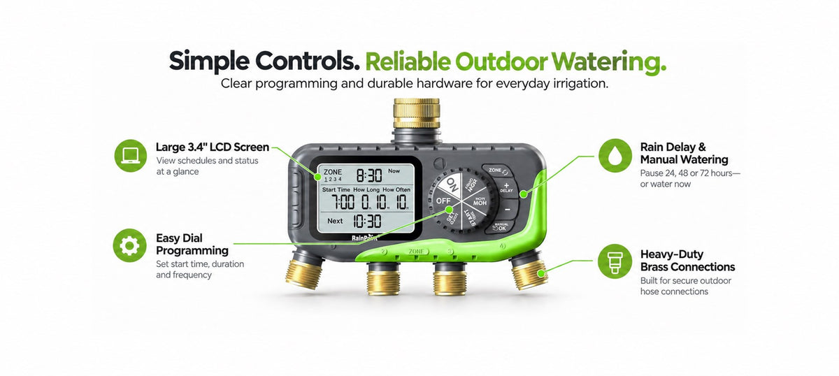 RainPoint 4 zone sprinkler timer features for automatic lawn and garden irrigation control