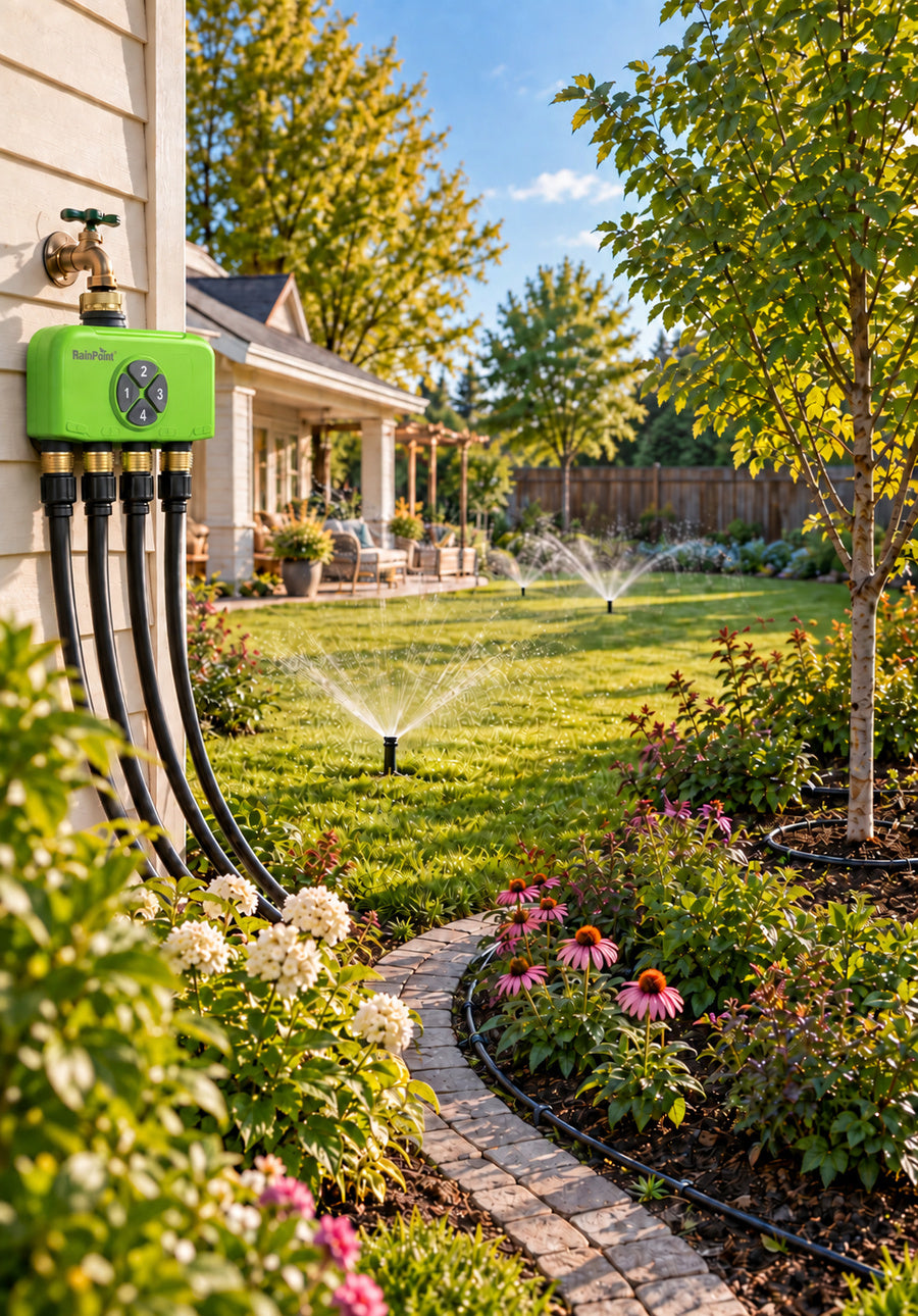 RainPoint 4 zone sprinkler controller managing automatic lawn irrigation in a residential garden
