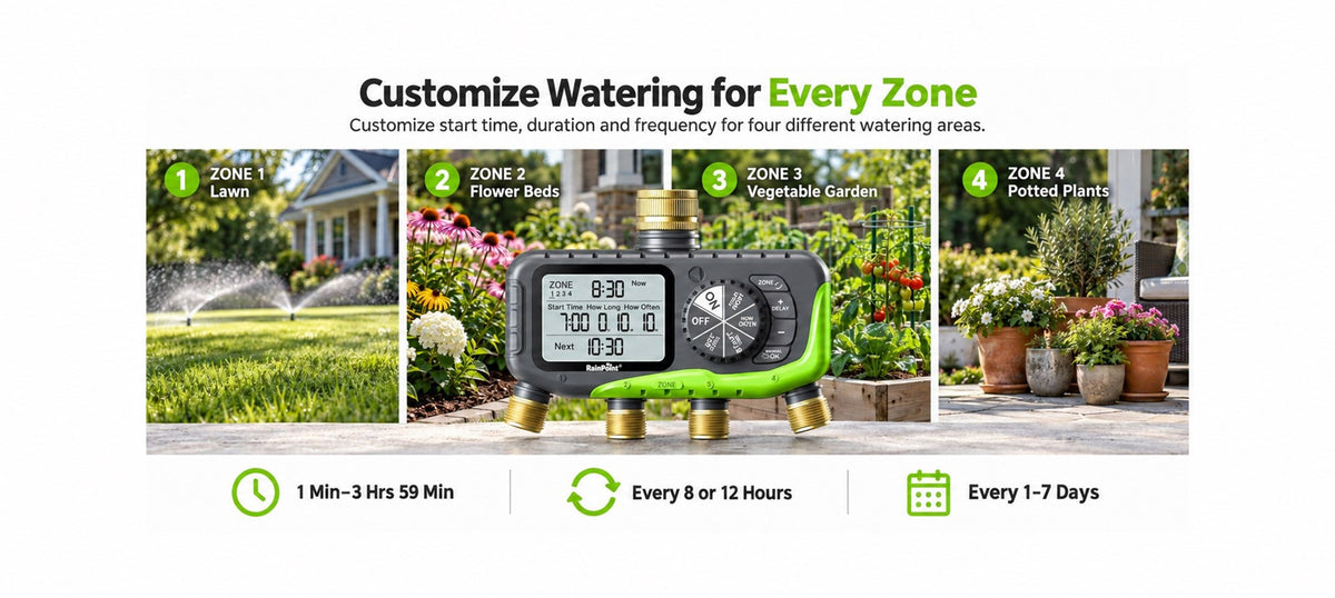 RainPoint 4 zone sprinkler timer creating customized watering schedules for every zone