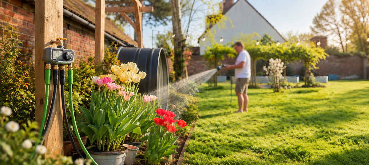 RainPoint 4-zone water timer connected to four garden hoses 