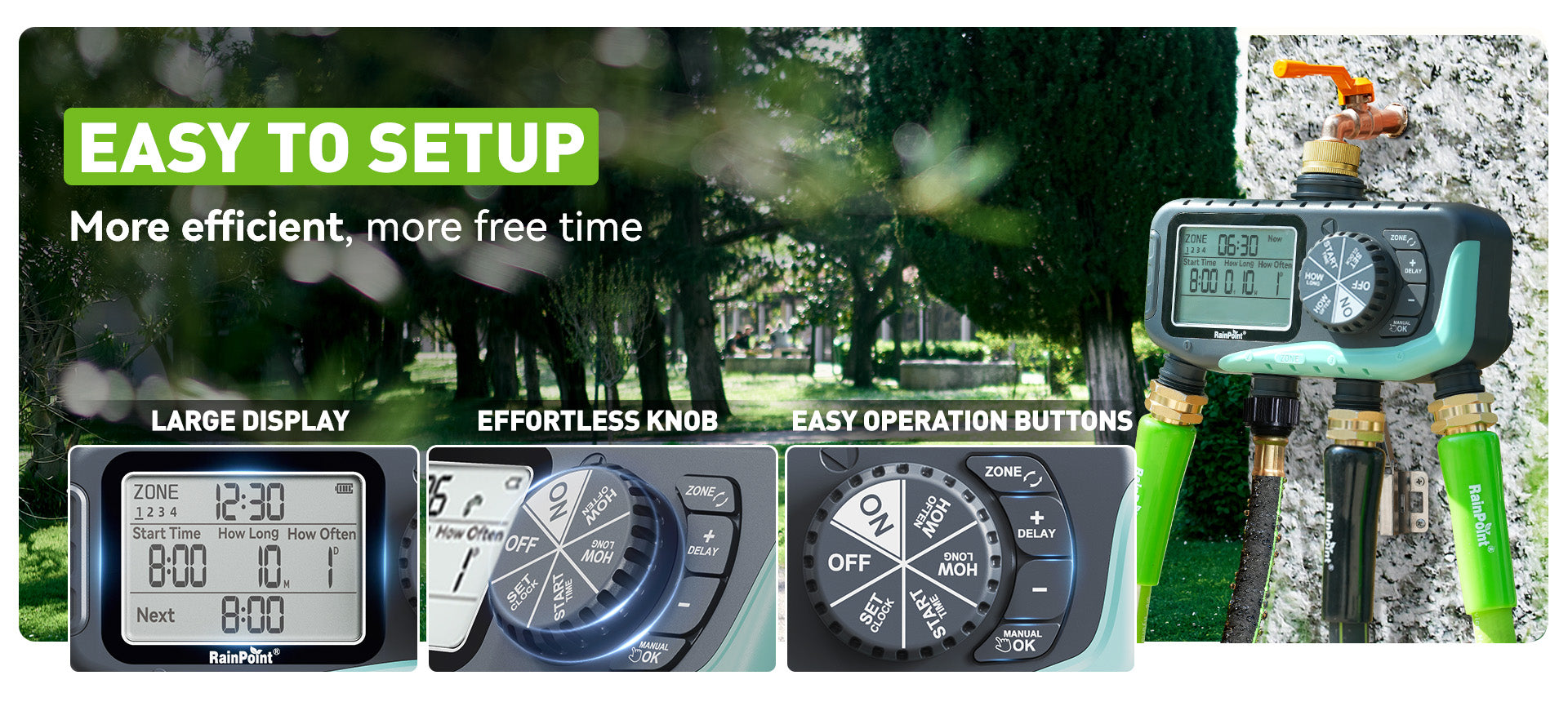 RainPoint 4 zone sprinkler timer designed for large gardens and multiple watering areas