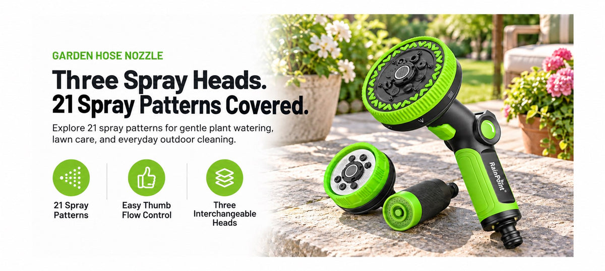 RainPoint adjustable garden hose nozzle with multiple spray patterns for outdoor watering