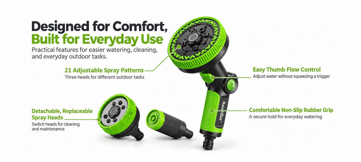 RainPoint garden hose nozzle features comfortable grip and adjustable water spray control