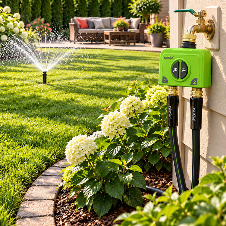 RainPoint automatic garden irrigation system watering a residential lawn and flower bed
