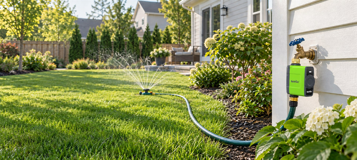 RainPoint automatic lawn watering system with outdoor sprinkler for residential garden irrigation