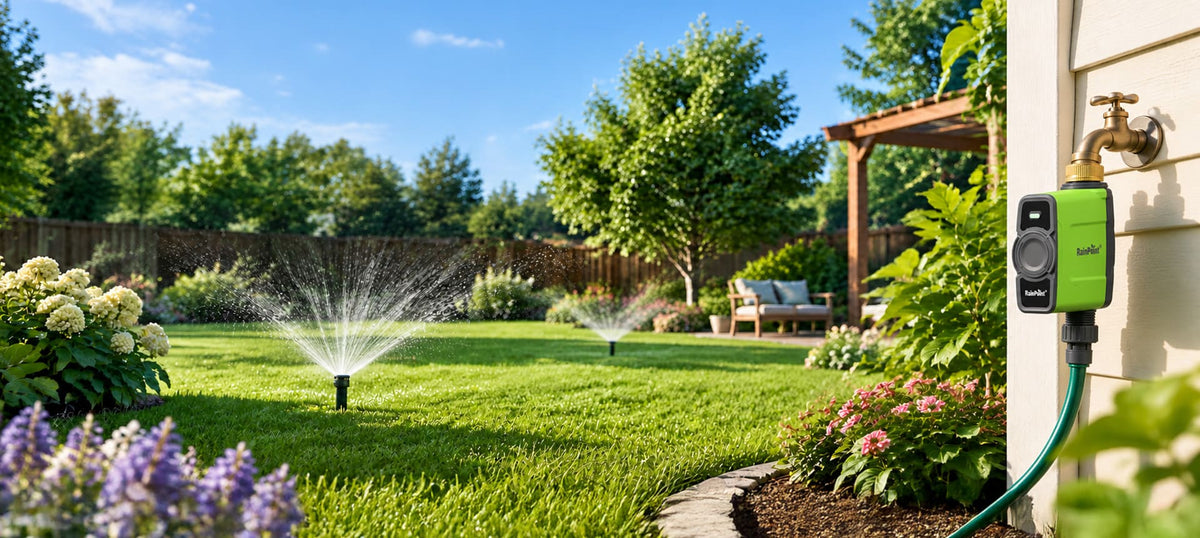 RainPoint automatic sprinkler timer controlling garden irrigation and lawn watering system