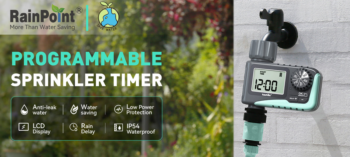 RainPoint digital hose timer with customizable watering programs for garden irrigation