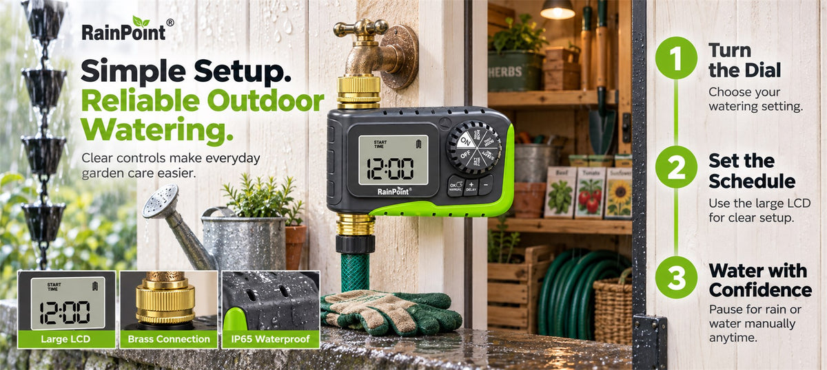RainPoint automatic watering timer with waterproof LCD display for outdoor use