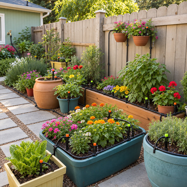 Drip irrigation system watering container plants in a home garden