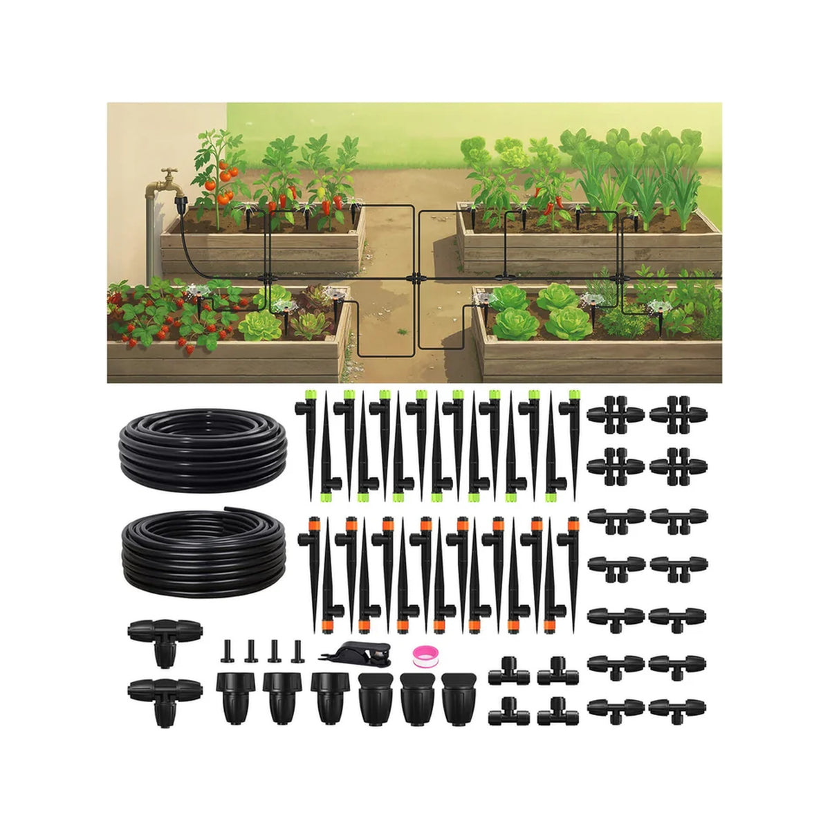RainPoint complete drip irrigation system kit with connectors, tubing and watering components