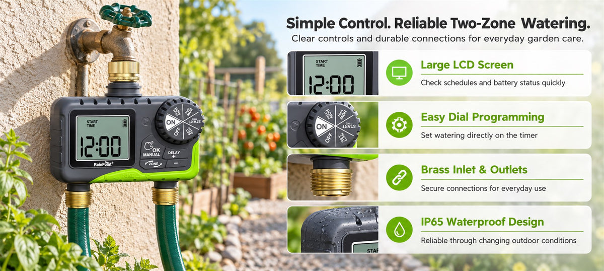 RainPoint dual outlet hose timer with brass inlet and LCD display for reliable outdoor watering control