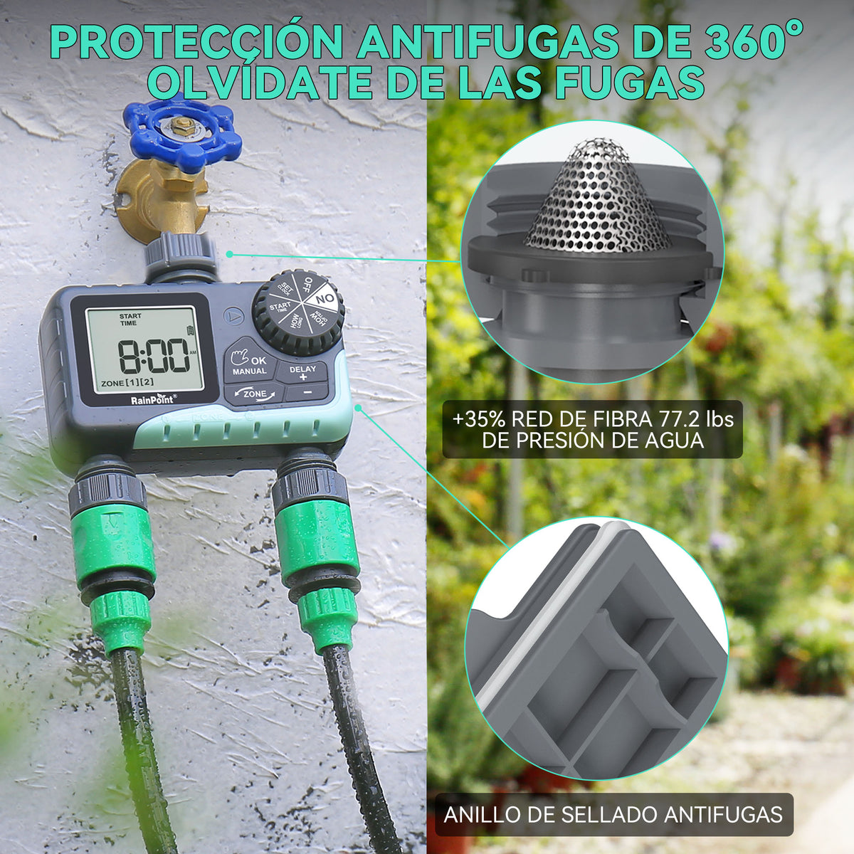 RainPoint two zone hose timer installed for outdoor sprinkler and lawn watering system