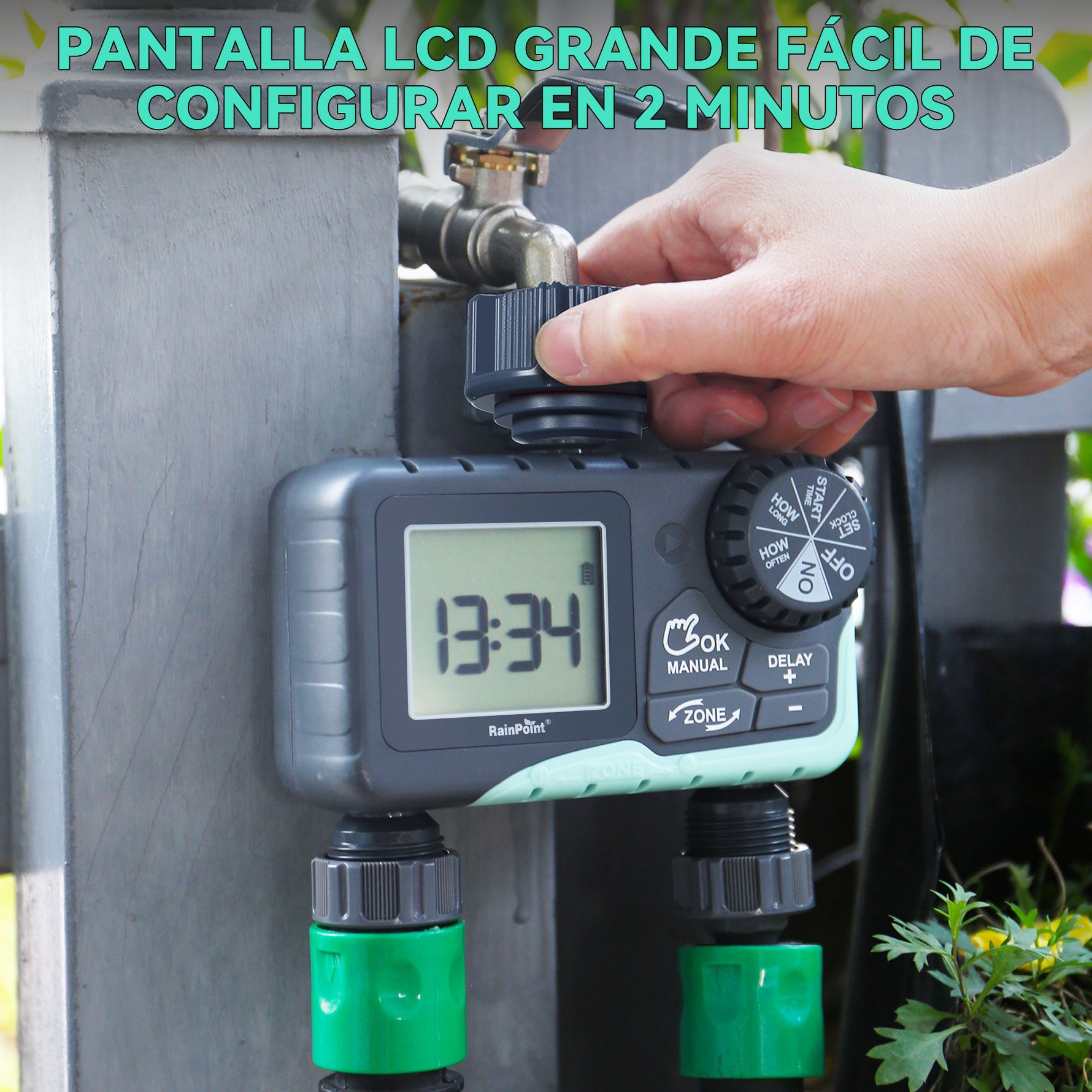 RainPoint dual outlet water timer allowing separate watering control for two garden areas