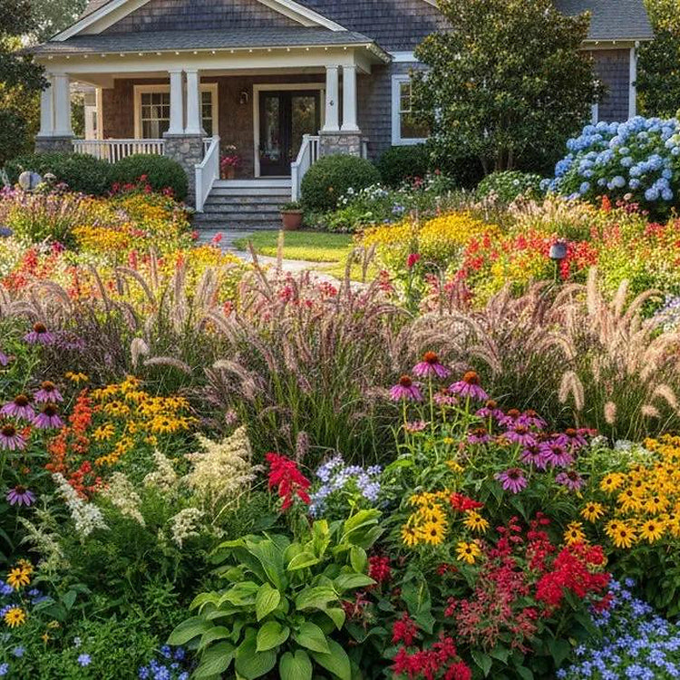 Colorful flower bed in a residential garden watering area