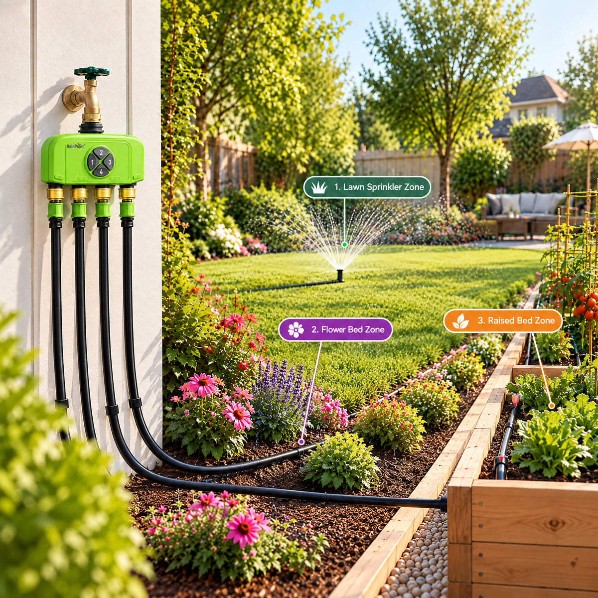 RainPoint four zone irrigation controller managing multiple garden watering areas