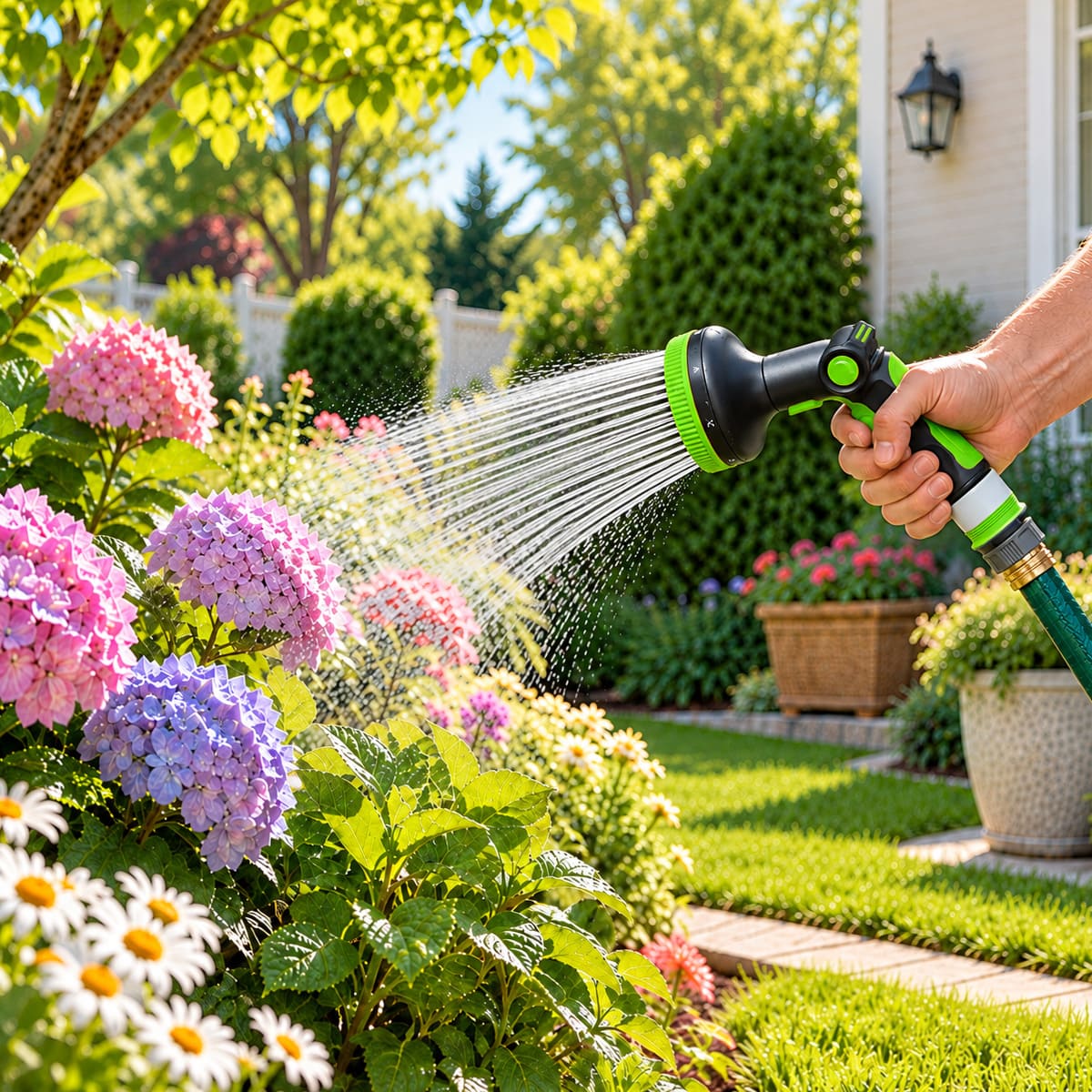 Garden hose nozzle watering flowers in a residential garden