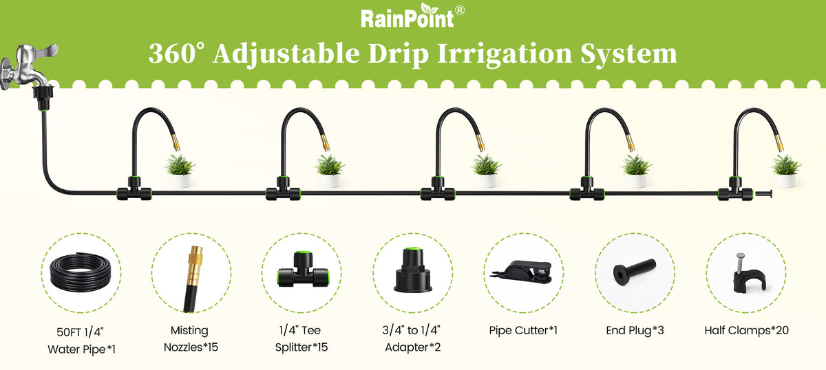 RainPoint drip irrigation and sprinkler kit for vegetable gardens, flower beds, and lawns