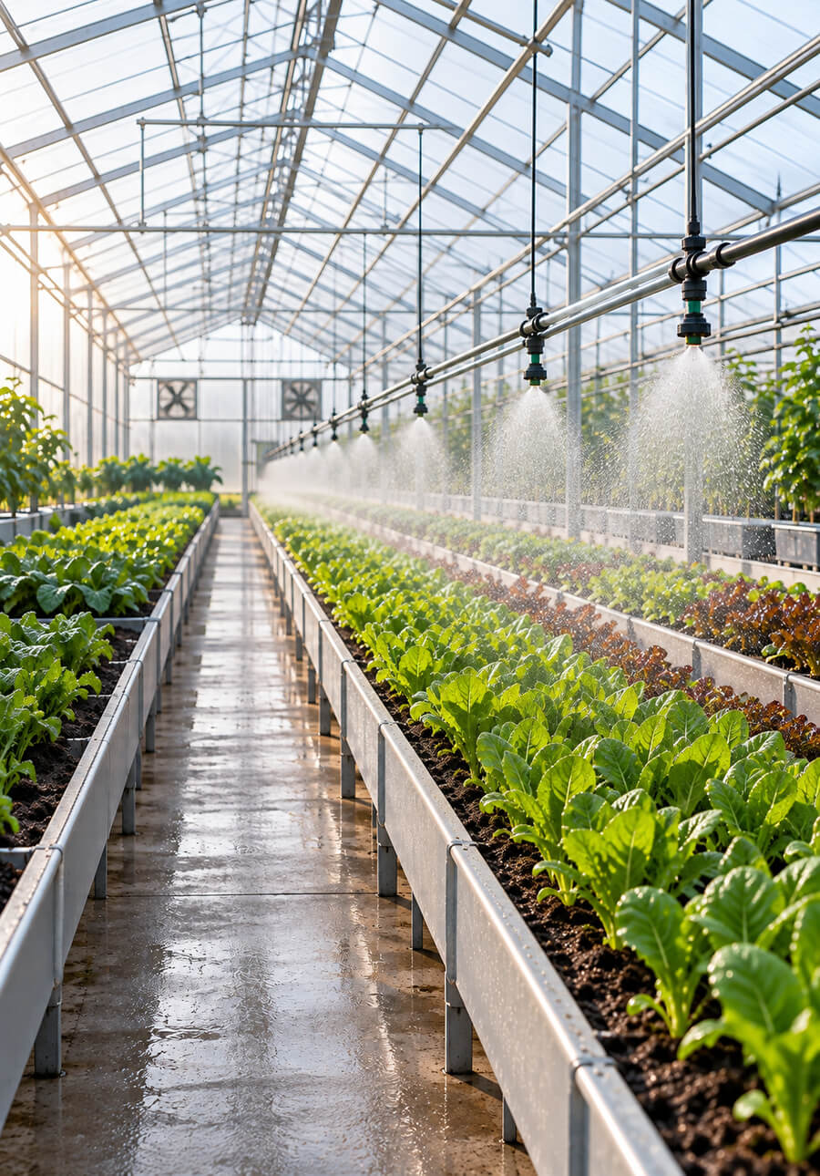 Greenhouse irrigation system watering rows of growing plants