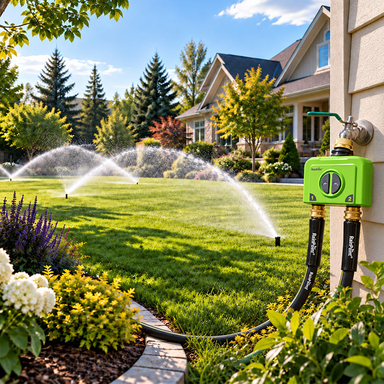 Lawn sprinkler timer system watering a raesidential yard