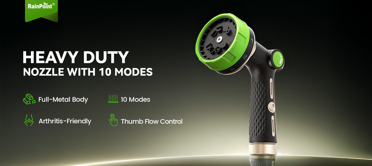 RainPoint 10 pattern hose nozzle providing multiple water spray options for outdoor cleaning