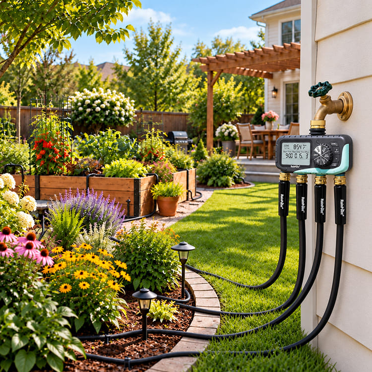 RainPoint outdoor irrigation timer installed beside a residential garden and lawn