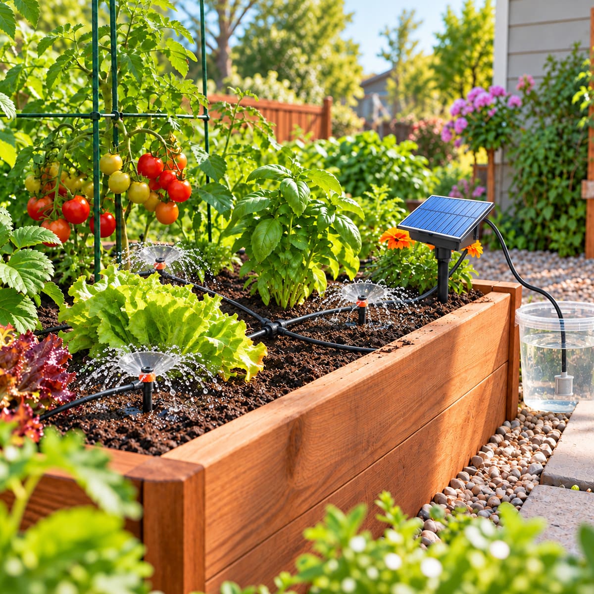Drip watering system for raised garden beds and vegetable plants