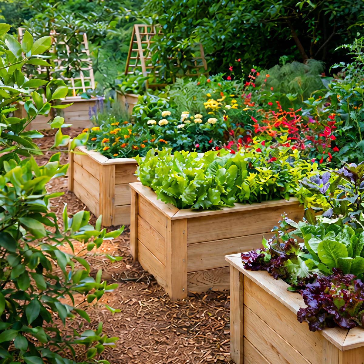 Colorful raised vegetable and flower beds in a lush home garden