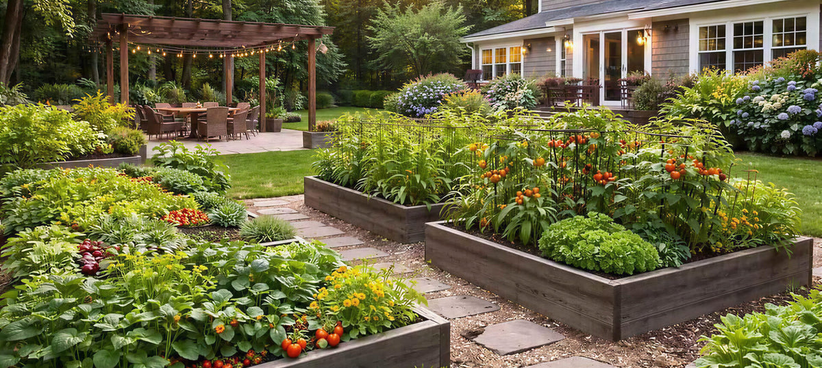 Raised garden beds with vegetables and plants in a residential backyard garden