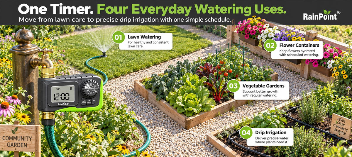 RainPoint single zone water timer for versatile garden watering applications