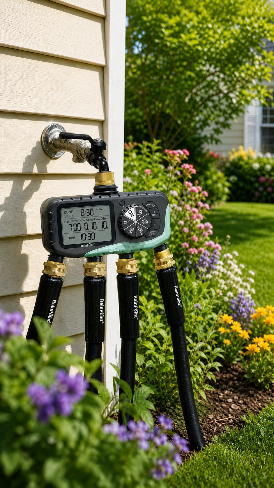 RainPoint smart irrigation controller managing multiple garden watering zones with automatic schedules