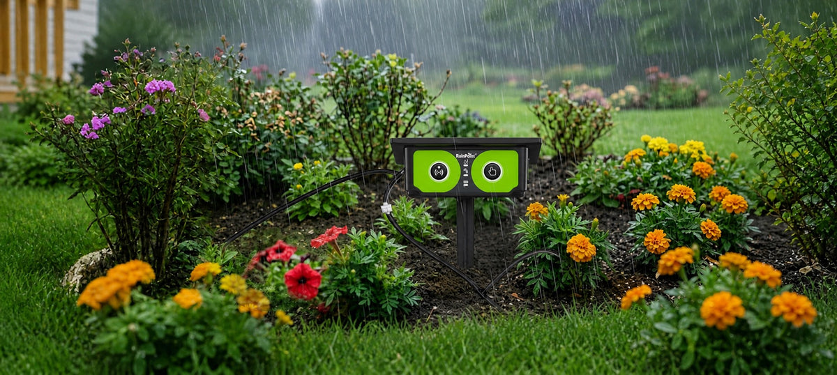 RainPoint automatic drip irrigation system watering plants in an outdoor garden