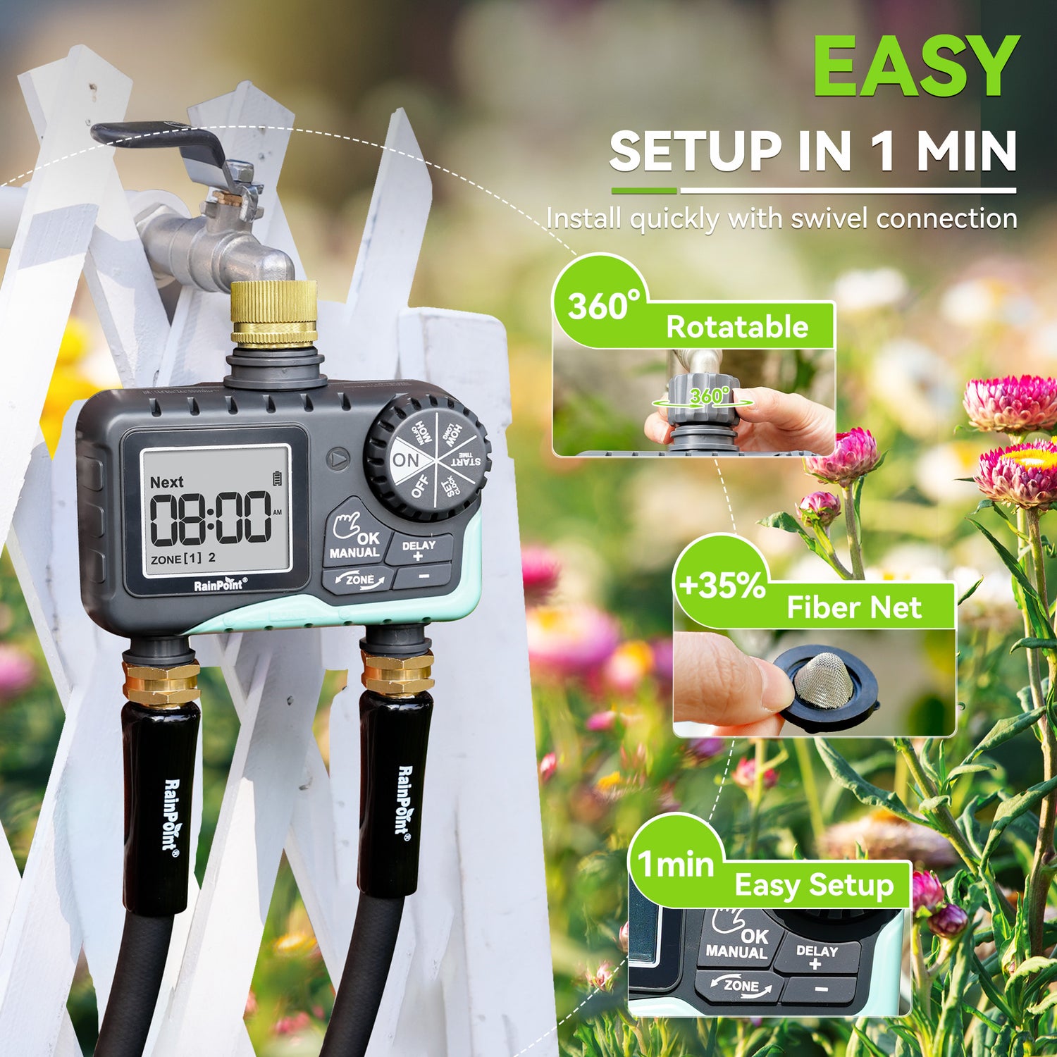 RainPoint 2-Outlet Water Timer with Brass Swivel