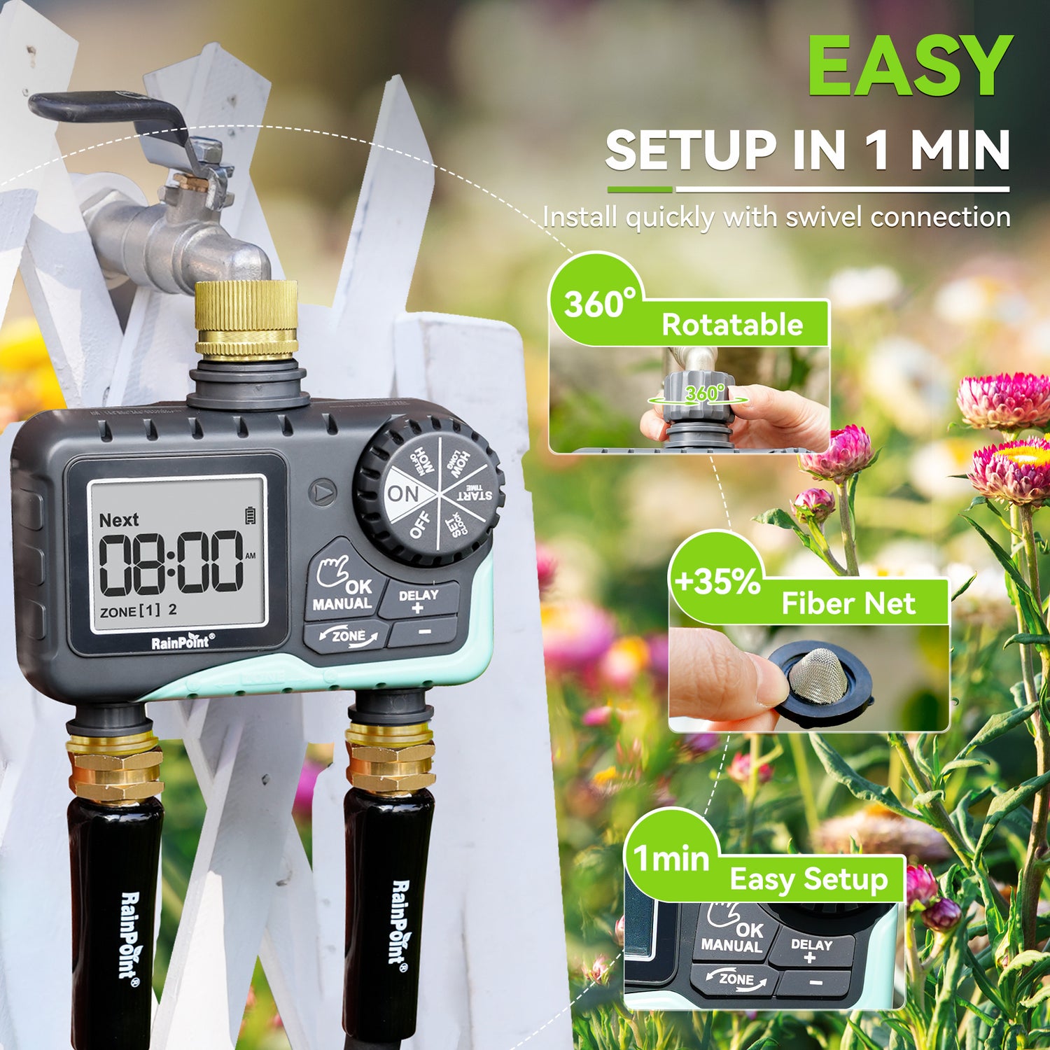 RainPoint 2-Zone Sprinkler Timer with Brass
