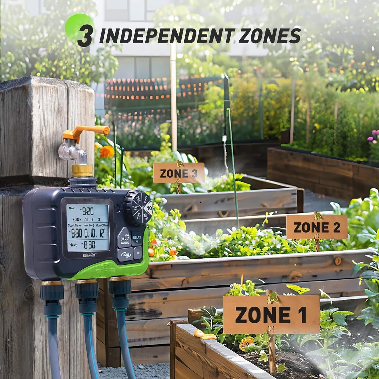 RainPoint 3 Zone Water Timer with Brass Sprinkler Control & Rain Delay