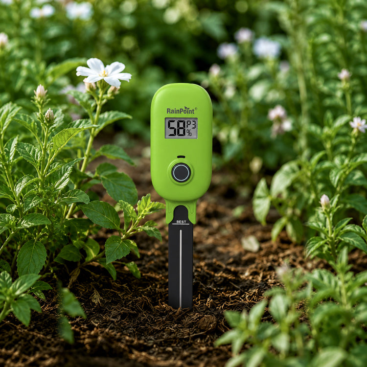 RainPoint smart soil moisture sensor monitoring soil moisture in an outdoor garden