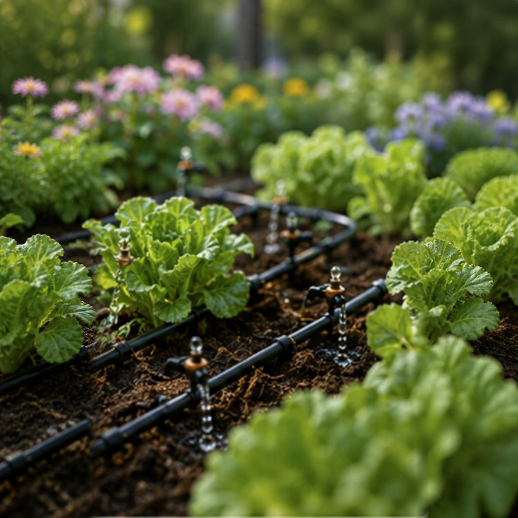 Smart drip irrigation system watering a vegetable garden with RainPoint automatic watering control