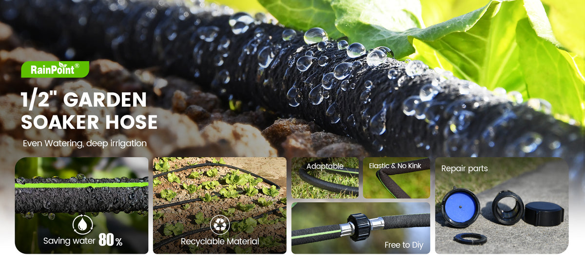 RainPoint soaker hose irrigation system watering plant roots with gentle moisture delivery